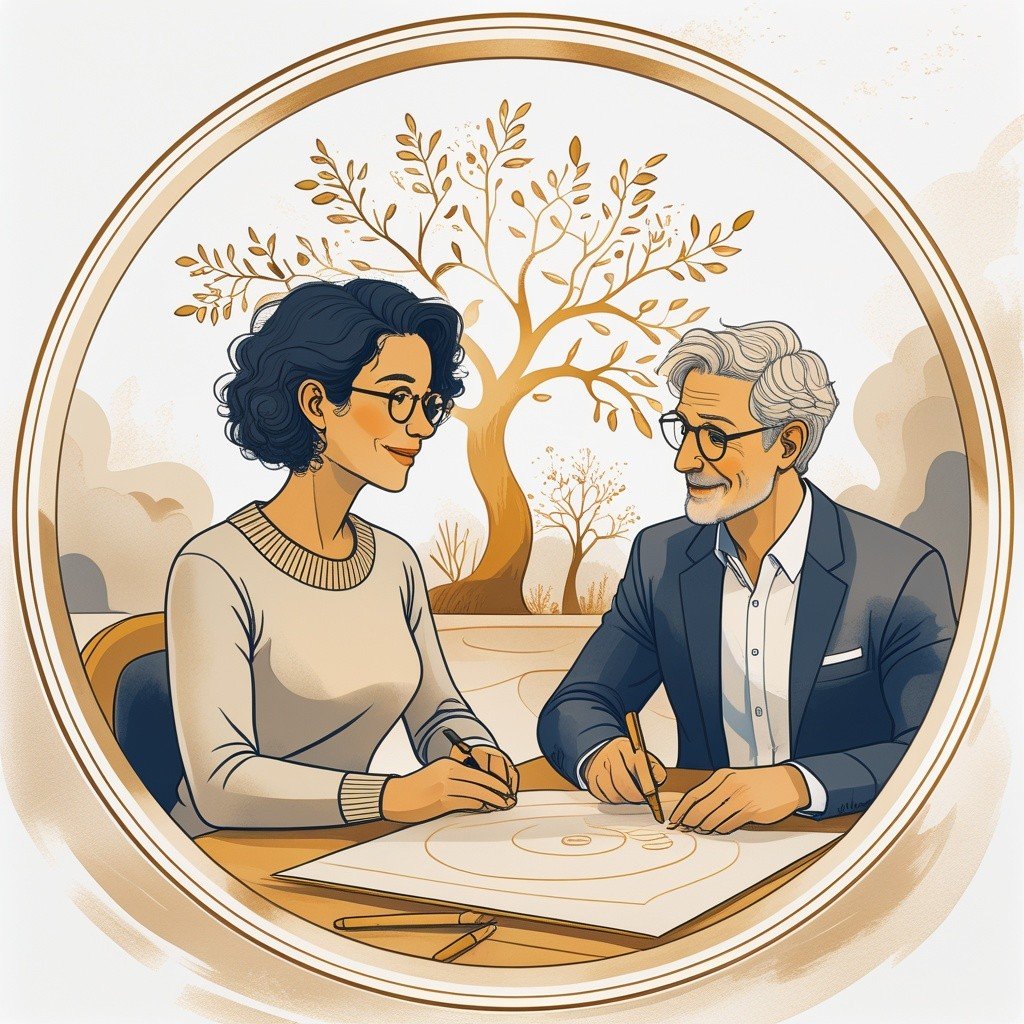 Illustration d'un praticien et d'une consultante échangeant autour d'un arbre généalogique