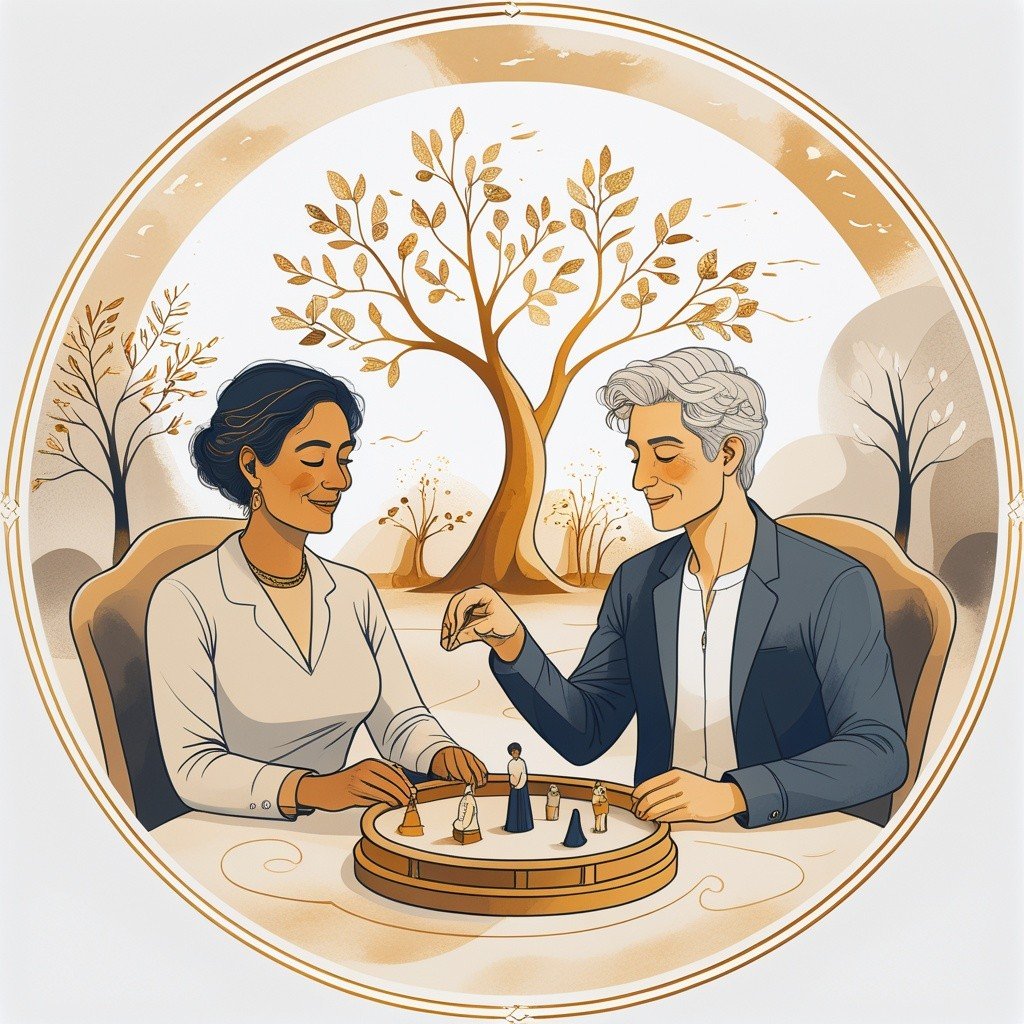 Illustration d'une facilitatrice et d'un consultant travaillant avec des figurines autour d'une table