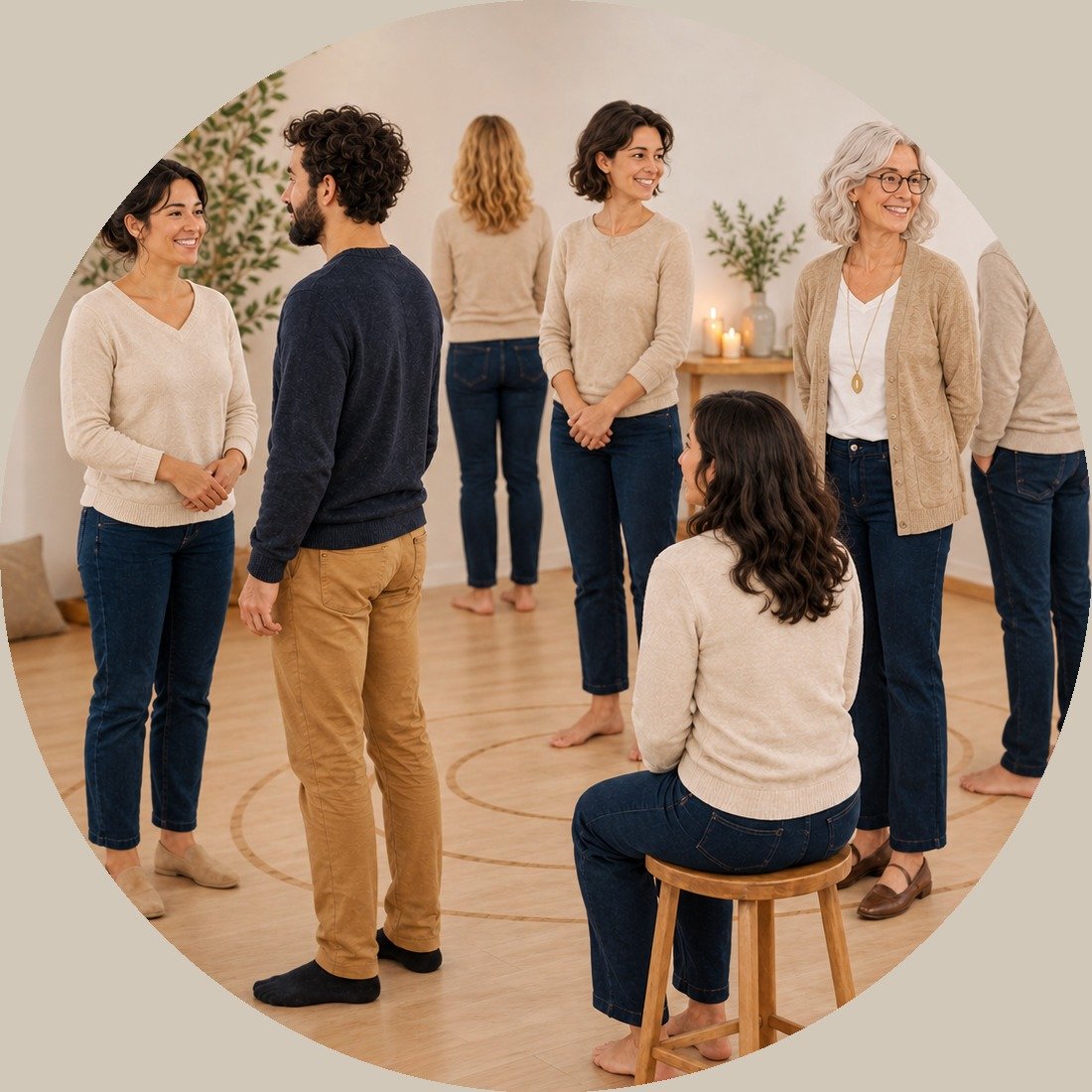 Photo d'un groupe en cercle lors d'une séance de constellations familiales