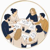 Illustration : groupe de participants autour d'une table lors d'un exercice de représentation familiale